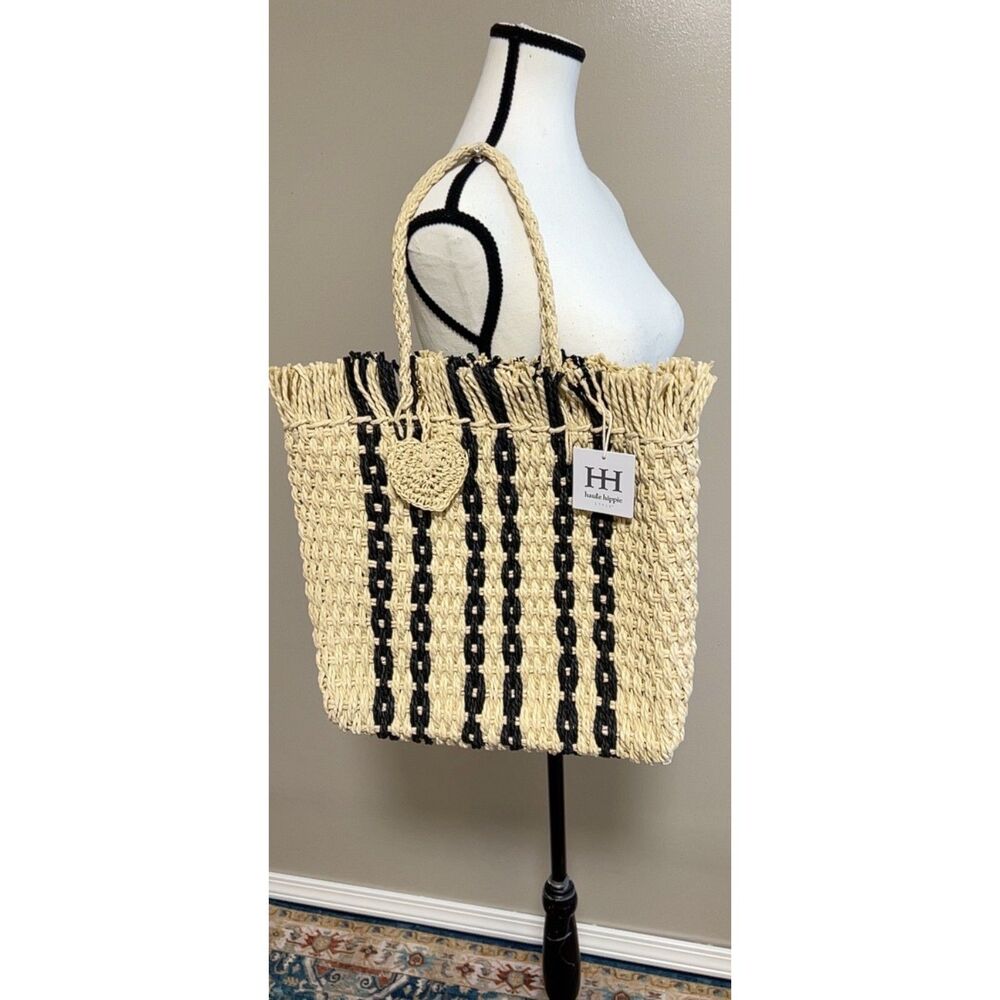 NWT Haute Hippie tan with black stripes raffia straw tote bag